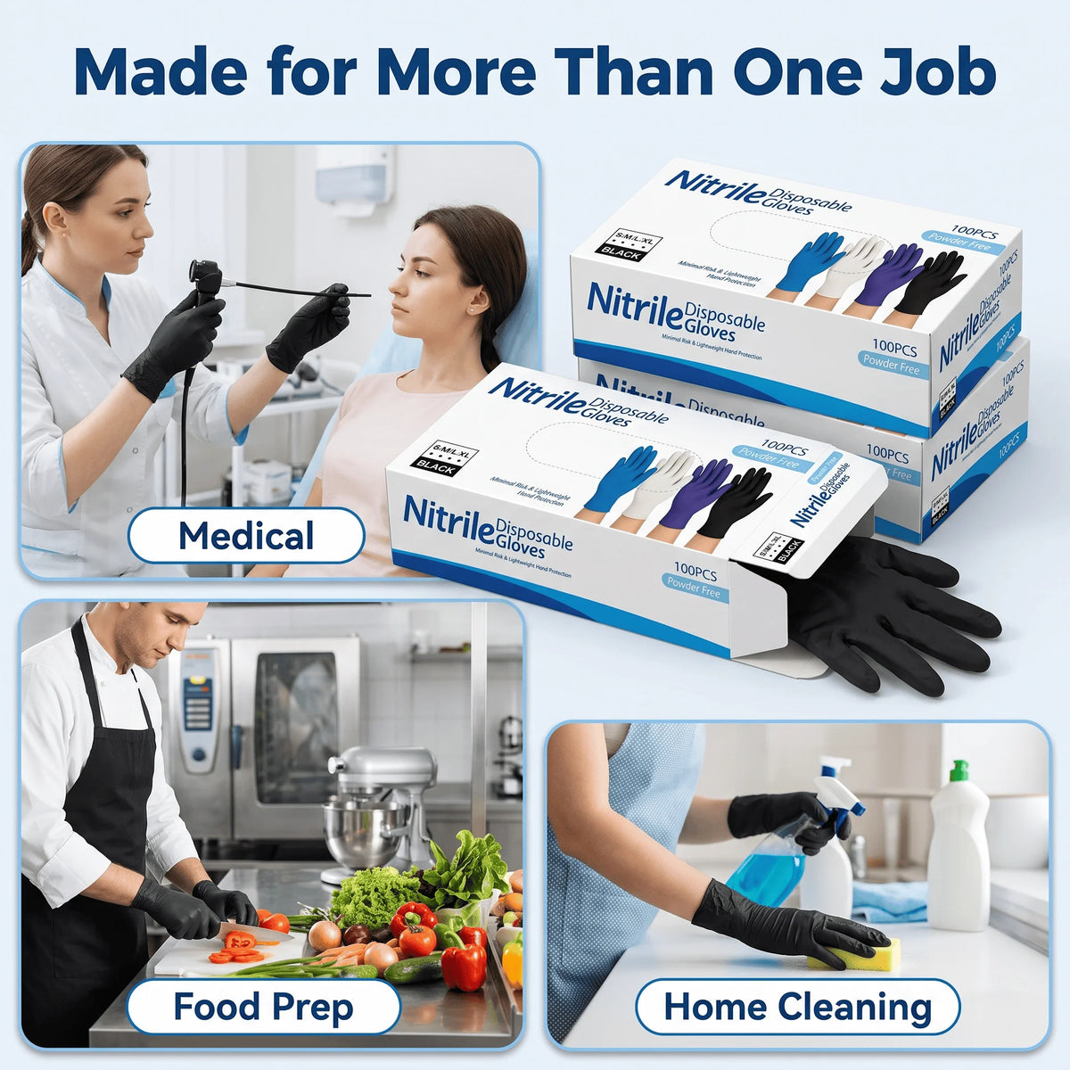 Box of disposable nitrile gloves shown in various contexts for medical, food prep, and home cleaning use