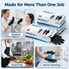 Box of disposable nitrile gloves shown in various contexts for medical, food prep, and home cleaning