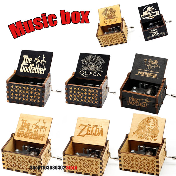 A collection of antique wooden hand crank music boxes featuring themes like The Godfather Queen and Pink Panther.