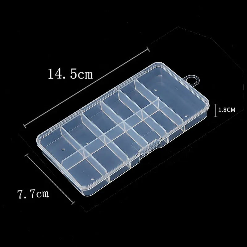 Transparent nail art organizer storage box shown from above with dimensions 14.5cm long and 7.7cm wide.