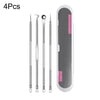 A set of four stainless steel acne and blackhead remover tools displayed next to a white storage case.