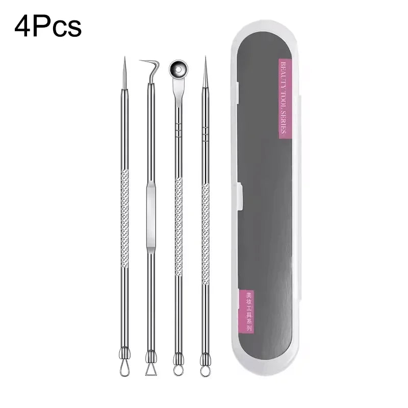 A set of four stainless steel acne and blackhead remover tools displayed next to a white storage case.