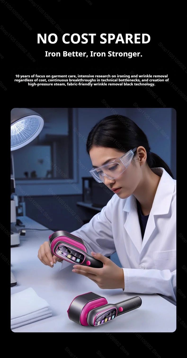 Une femme utilise un fer à vapeur portable sur une table blanche dans un cadre professionnel.
