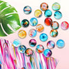 A collection of colorful, iridescent glass refrigerator magnets featuring abstract floral and oceanic designs.