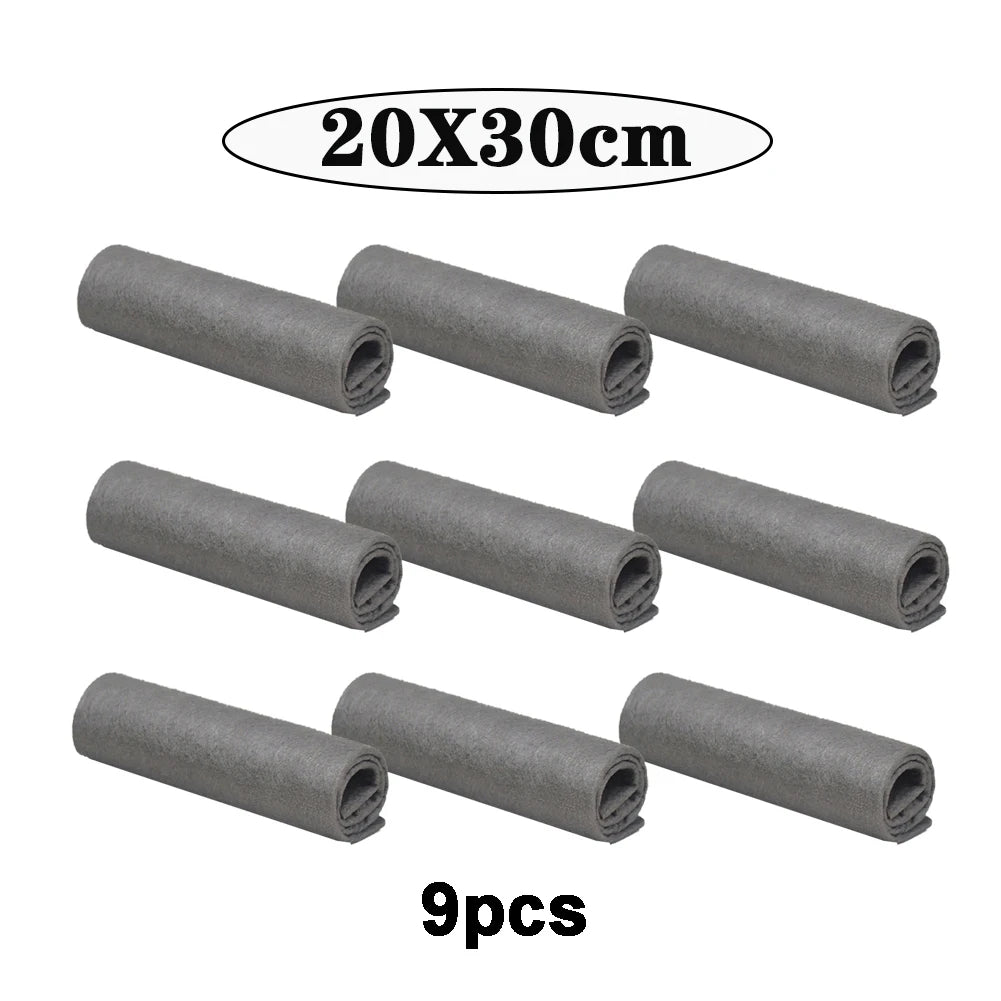 Nine rolls of gray thickened microfiber cleaning cloths, measuring 20x30cm each.