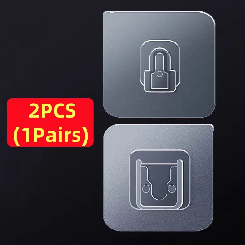 Two silver double-sided adhesive wall hooks are shown against a black background.