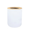 A white cylindrical dispenser with a natural bamboo cap, used for bathroom accessories.