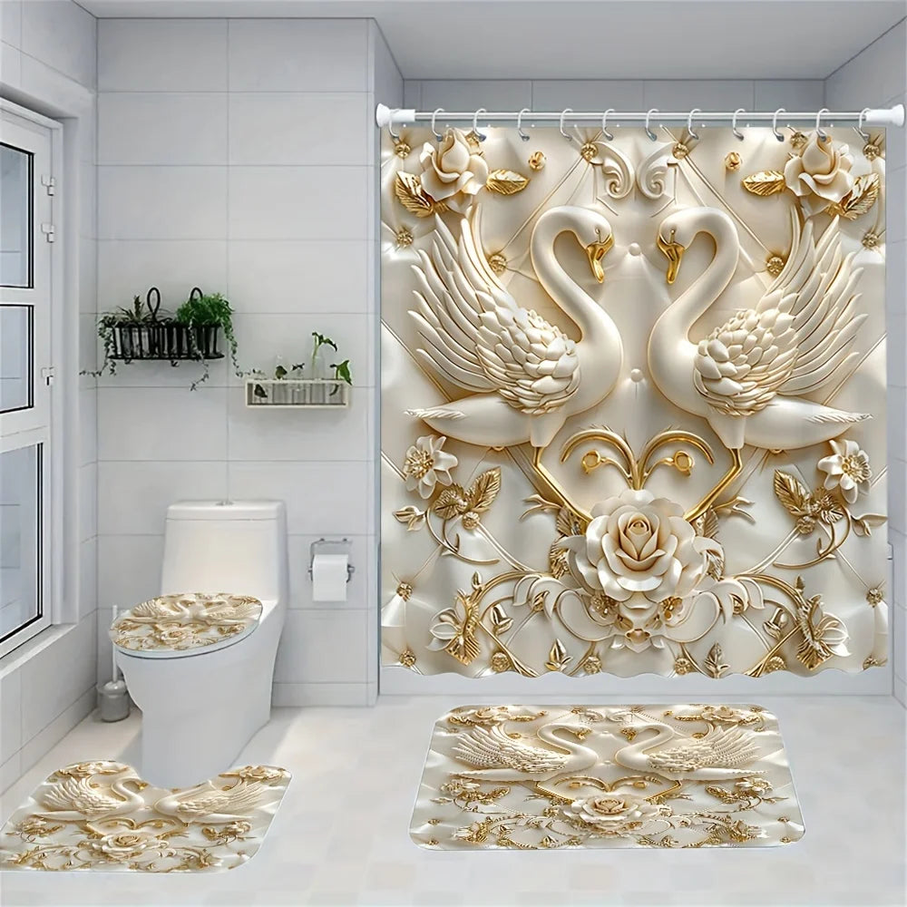 Luxuriöses Badezimmer-Blumenset mit verzierten weißen und goldenen Dekorationselementen und Matten.