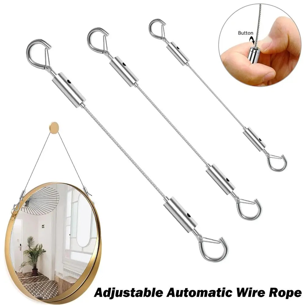 Adjustable automatic wire rope hanging kit featuring stainless steel hooks and a button for suspension.