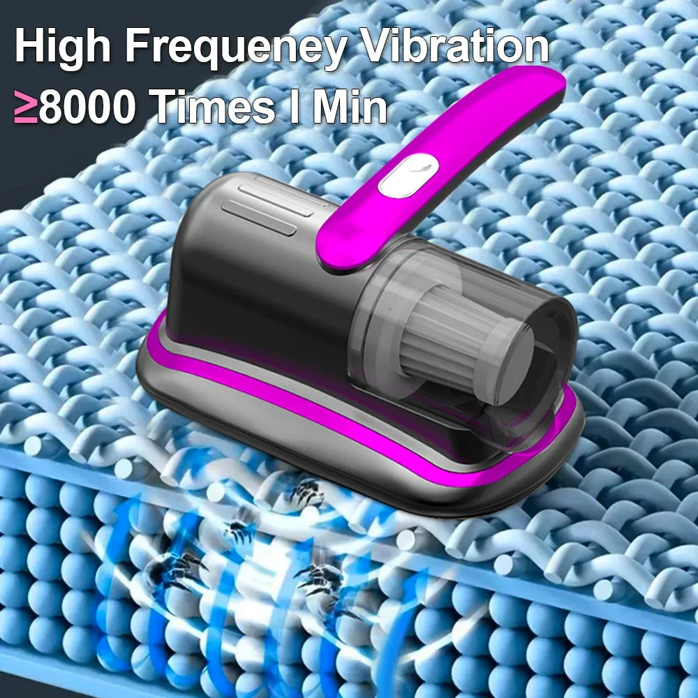 A handheld vacuum cleaner with a purple handle is shown vibrating on a blue foam mattress surface.