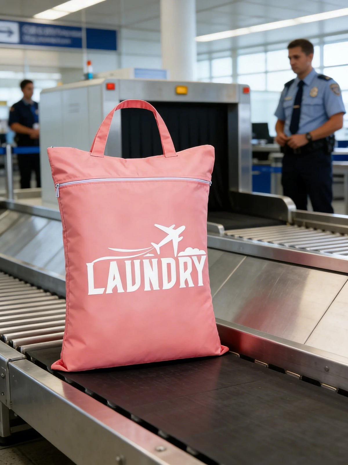A pink laundry bag with a white graphic of an airplane and clouds is placed on a metal conveyor belt.