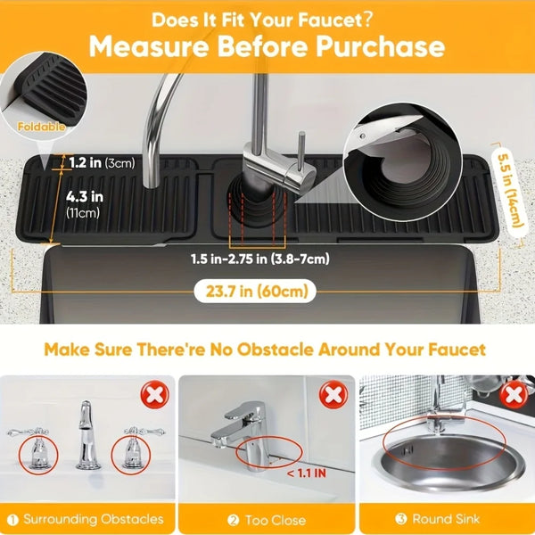 A silicone kitchen sink splash guard is shown with measurements and instructions for fitting a faucet.