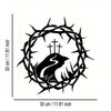 Black metal cross wall art featuring a silhouette of a leaping animal inside a thorny wreath frame