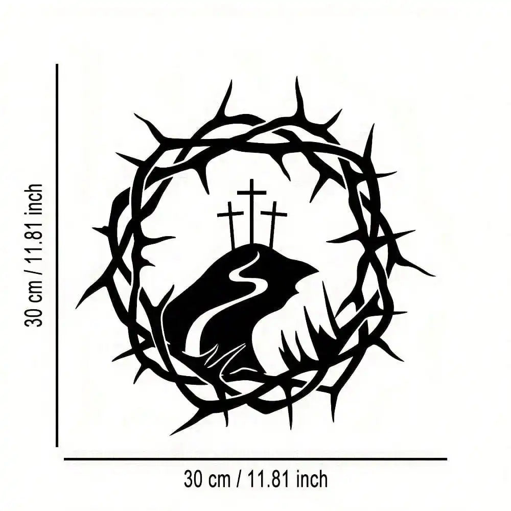 Black metal cross wall art featuring a silhouette of a leaping animal inside a thorny wreath frame