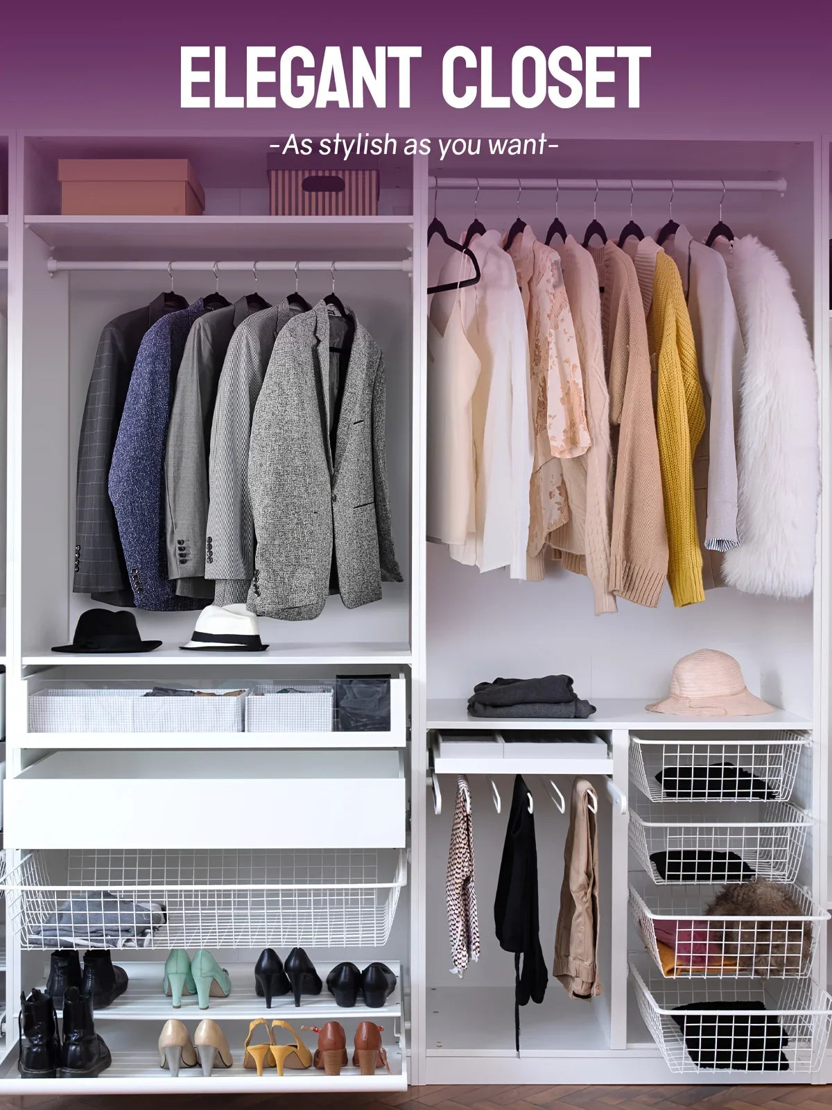 Elegant closet display featuring various garments and non-slip velvet hangers in a white shelving unit.