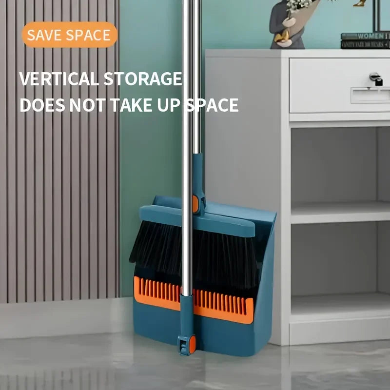 A blue broom and dustpan set with comb teeth is shown standing in a white storage cabinet.
