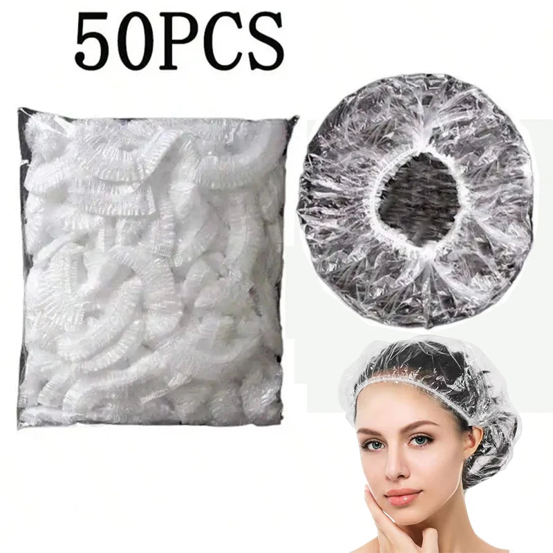 50 pieces of disposable transparent shower caps and a woman wearing one