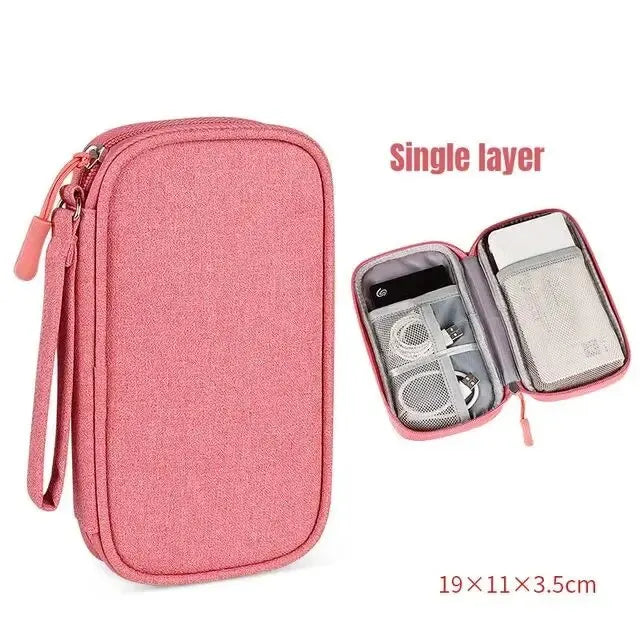 A single layer pink storage organizer pouch with a zipper and attached strap.