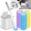 Kit de nettoyage pour toilettes jetable avec une brosse et des éponges violettes et jaunes.