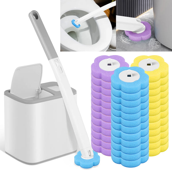 A disposable toilet brush cleaning kit showing a brush and purple and yellow cleaning sponges.