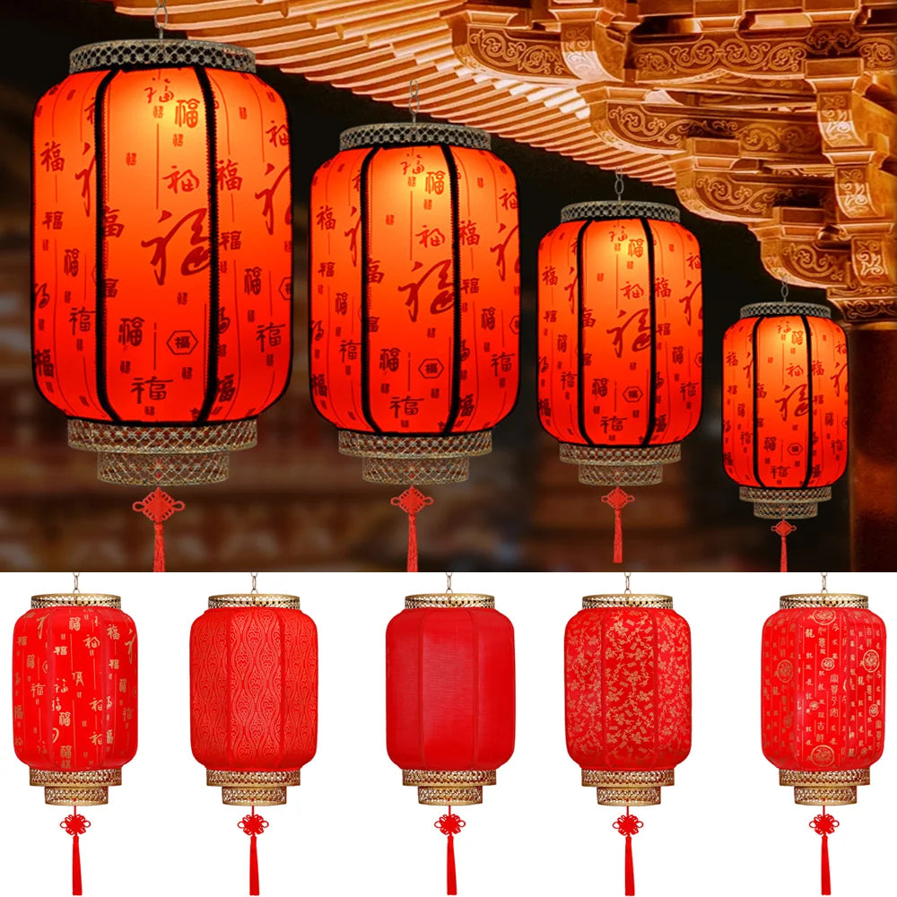 A collection of durable antiqued red Chinese lanterns hanging in a traditional style.