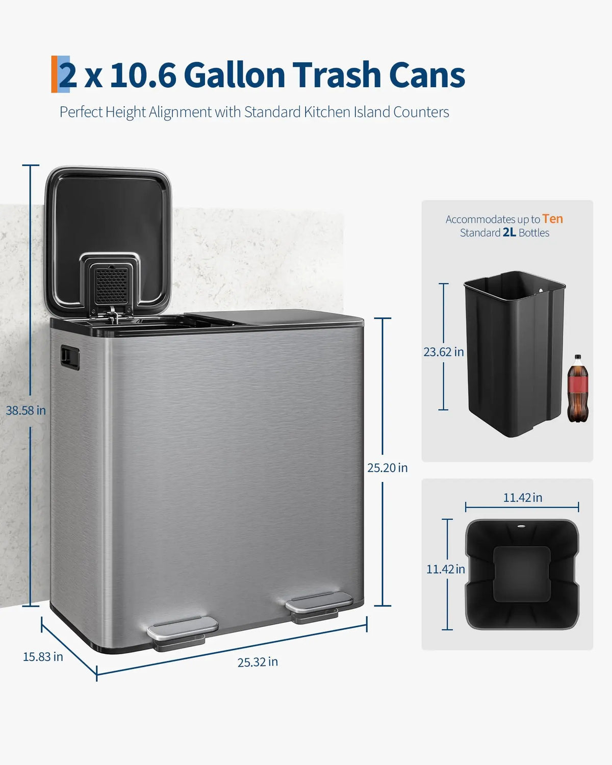 A stainless steel dual compartment trash can with a recycling bin shown next to dimension guides.