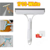 A white multi-function glass cleaner and scraper tool is shown with various usage examples.