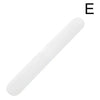 A white, elongated portable toothbrush storage case with a black letter E mark.