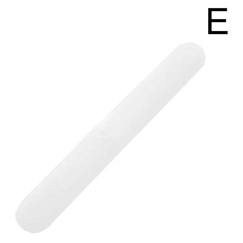 A white, elongated portable toothbrush storage case with a black letter E mark.