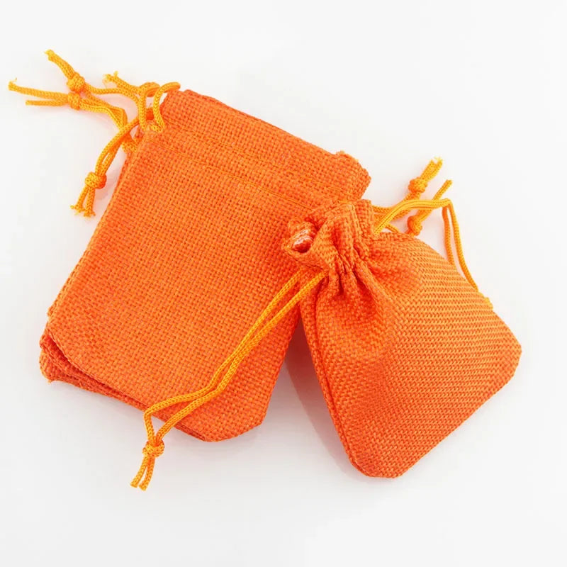 Orange handgemachte Jute- und Leinen-Geschenktüten mit gelbem Schnur