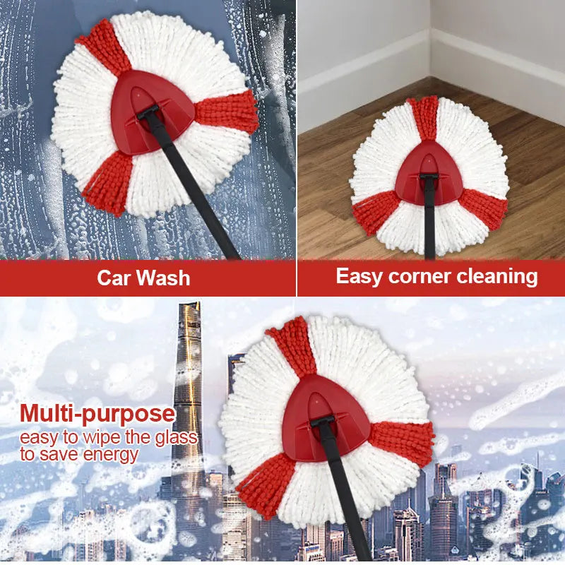 A red and white microfiber mop head replacement for a spin mop system used for car washing, corner cleaning, and glass wiping