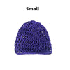 A small purple hand-crocheted mesh hair net cap.