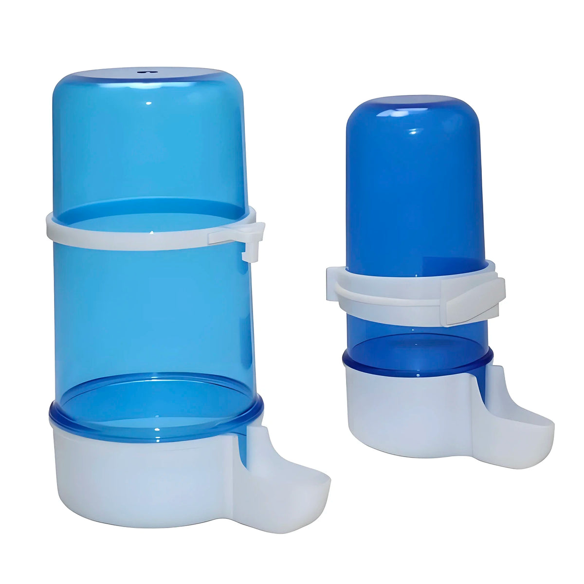 A blue plastic bird drinking trough with a white base and lid, shown in a side view.