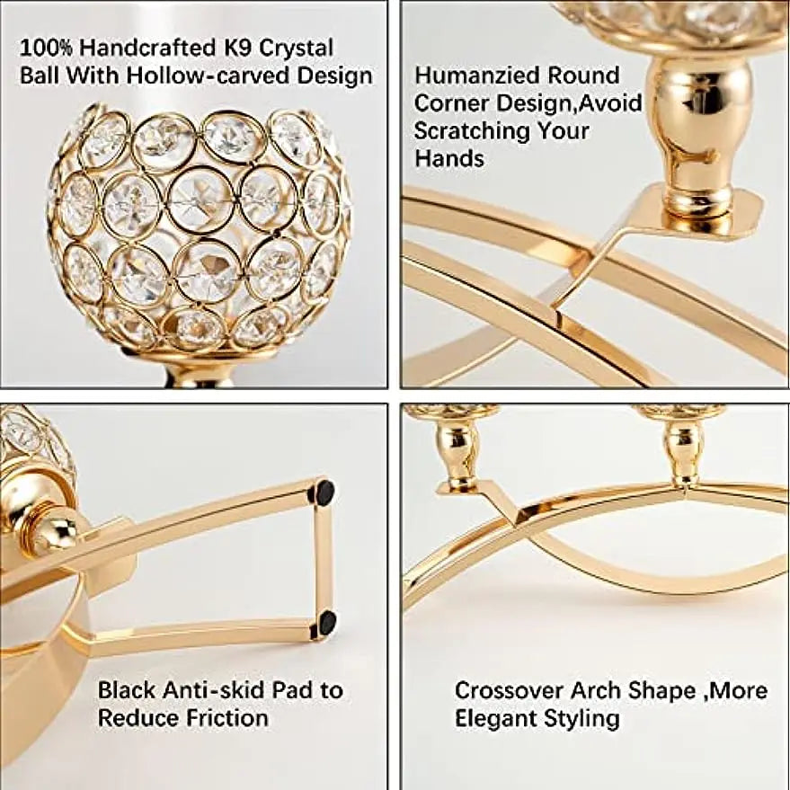 A set of gold crystal tealight candlesticks featuring a round corner design and an anti-skid pad for reduced friction.