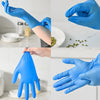 Close-up shots of blue nitrile disposable gloves being worn and used for household or beauty tasks.