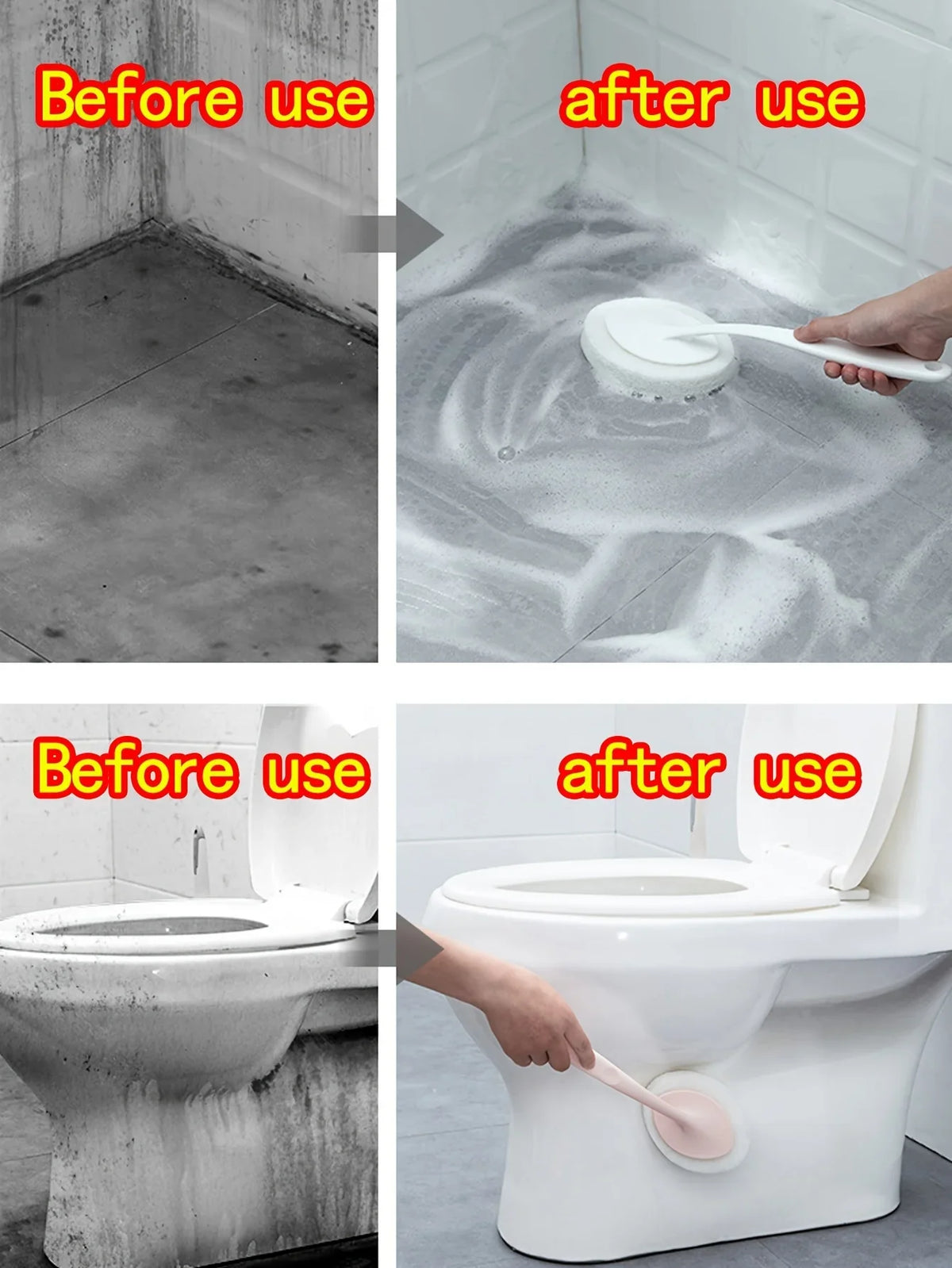 Vorher-Nachher-Bilder der Verwendung einer lange Stiel-Badreinigungsschwammbürste auf Boden und Toilette.