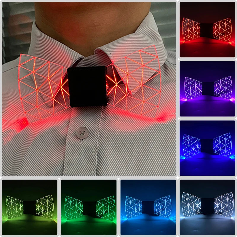 A person wearing a shirt with LED light-up geometric glasses, showing various colors and angles.