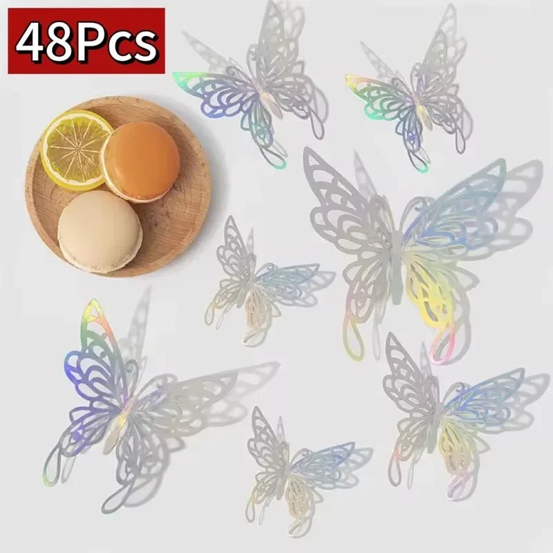 48 pieces of iridescent decorative butterfly wall stickers displayed next to a slice of lemon and an orange.