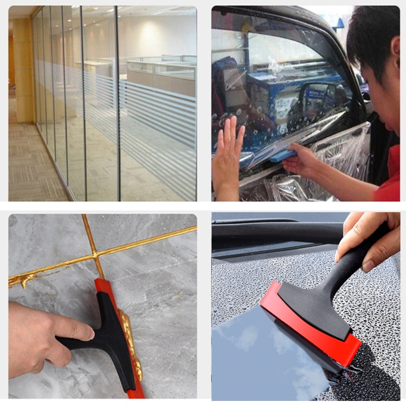 A hand uses a multifunctional silicone scraper with a red and black handle to fill gaps and grout.