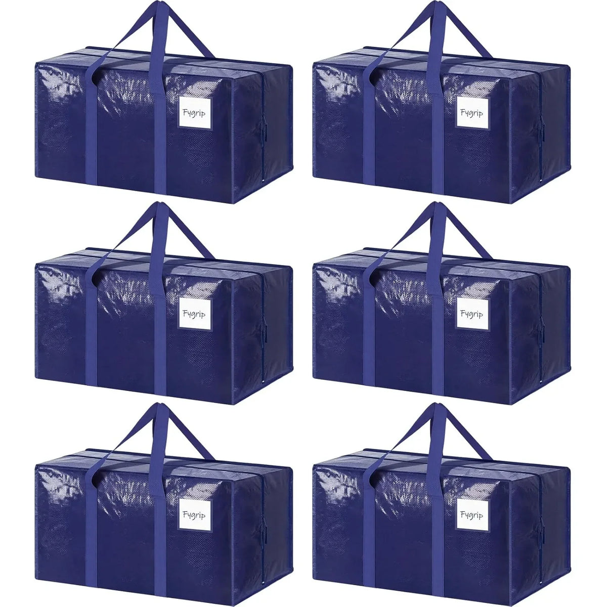 Six heavy duty extra large moving bags with handles in royal blue.