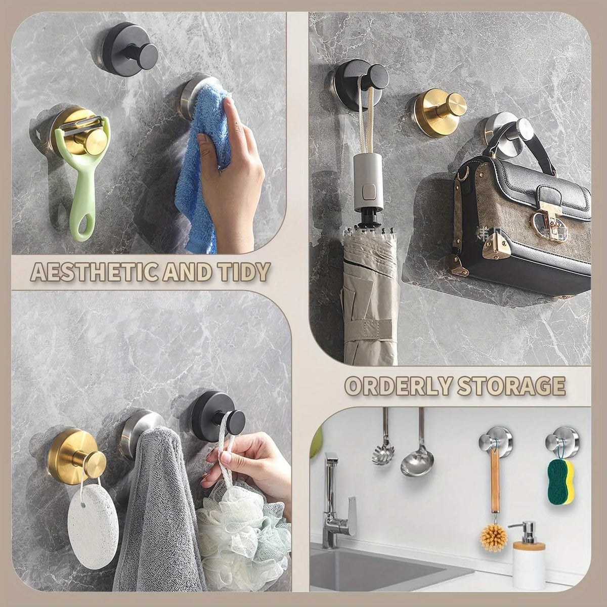 A collection of reusable suction cup hooks for various household items like glass, tile, and tools displayed on a gray wall.