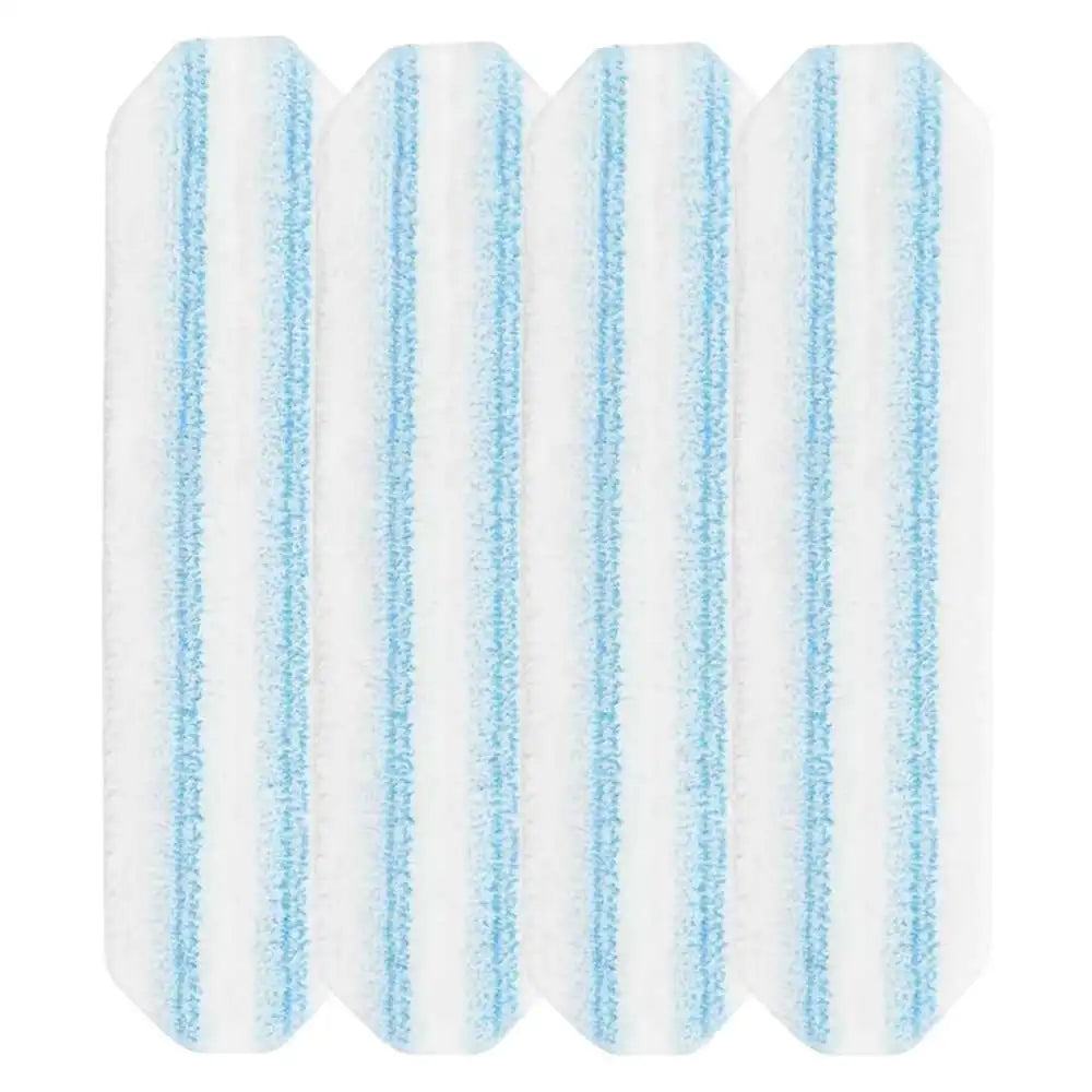 Pack of five white and light blue microfiber flat mop head refills.
