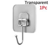 A clear, self-adhesive rotating wall hook with a curved metal handle is shown against a white background.