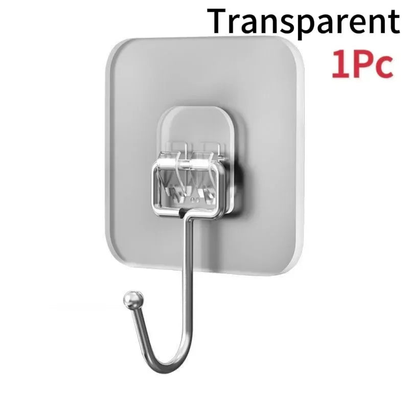 A clear, self-adhesive rotating wall hook with a curved metal handle is shown against a white background.