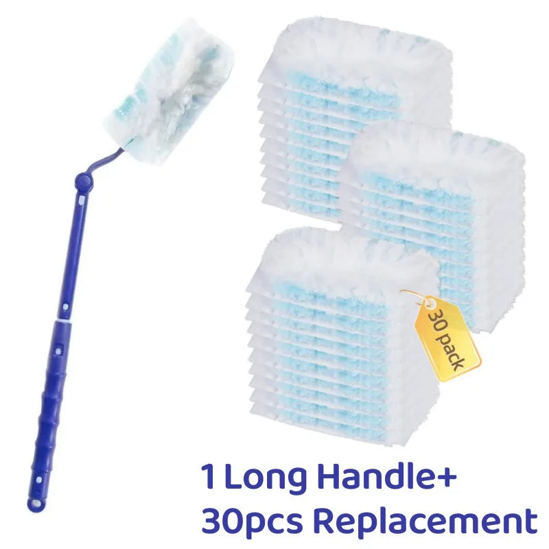 A long handle electrostatic cleaning duster with 30 replacement white and blue fuzzy cleaning pads.