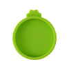 A bright lime green silicone reusable food storage lid or cover.