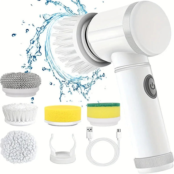 A white electric spin scrubber with multiple replaceable brush heads and charging cable shown in various configurations.