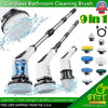 Cordless bathroom cleaning brush set featuring multiple brush heads and a handle for scrubbing