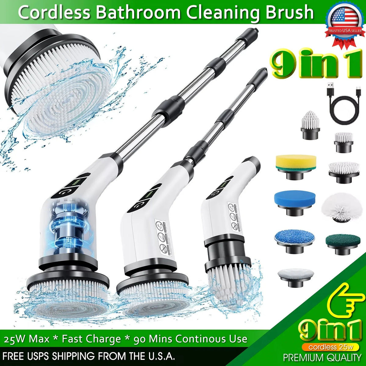 Cordless bathroom cleaning brush set featuring multiple brush heads and a handle for scrubbing