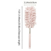 A pink extendable microfiber duster brush with a fluffy head and a long handle.
